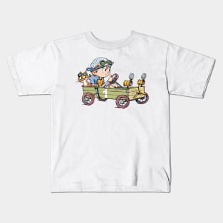 boy in a wooden cart and a cat imagines that he is in a racing car Kids T-Shirt